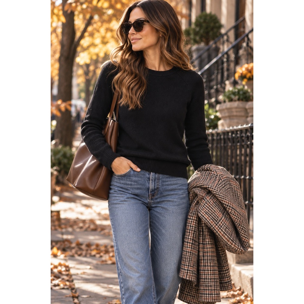 Halogen Cashmere Quiet Luxury Sweater Black Crewneck Raglan Side Slit Knit M